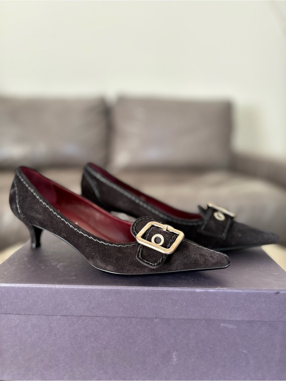 Prada Y2K Black Suede Buckle Kitten Heel Pumps Size 36 NWOT Made in Italy w/ Box